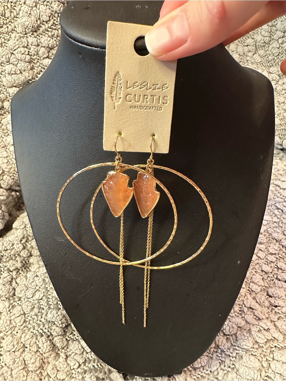 Leslie Curtis Boho Festival Gold Hoop Earrings Arrowhead Stone and Chain Drops